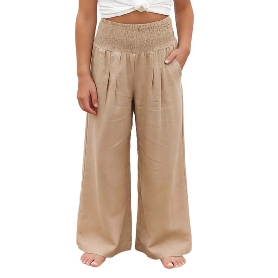 Lullu Girls Smocked High Rise Wide Leg Pants Solid Lightweight Palazzo Pants, Sizes 4-15