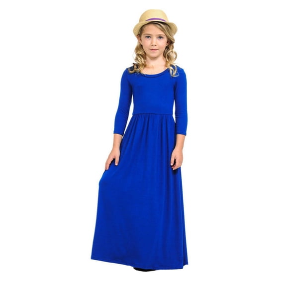 Lullu Girls Solid Basic Long Sleeve Maxi Dress Casual Round Neck Long Dress, Sizes 2-10