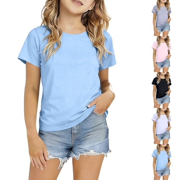 Lullu Girls Solid Basic Short Sleeve T-Shirt Summer Casual Lightweight T Shirt, Sizes 2-12