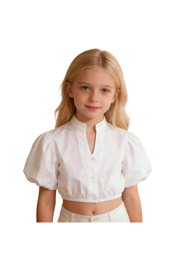 Girls Solid Puff Sleeve Inner Shirt V Neck Button-Up Blouse Layering Crop Top, White