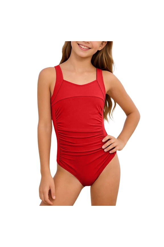 Girls Solid Ruched One-Piece Swimsuit Quick Drying Stretch Bathing Suit, Red