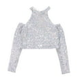 thumbnail image 1 of Lullu Girls Sparkly Sequins Shirt Cold Shoulder Long Sleeve Crop Top for Dance Performance, 1 of 3