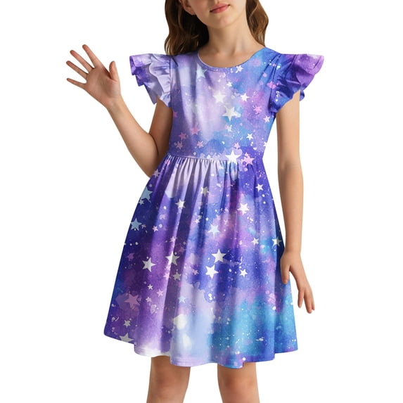 Lullu Girls Star Print Flutter Sleeve Skater Dress Summer Casual A-Line Dress, Sizes 3-10