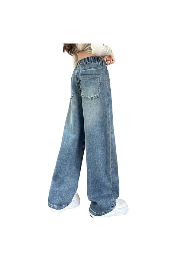 Girls Straight Jeans Casual Pull On Denim Pants High Rise Jean Trousers, Sizes 4-12