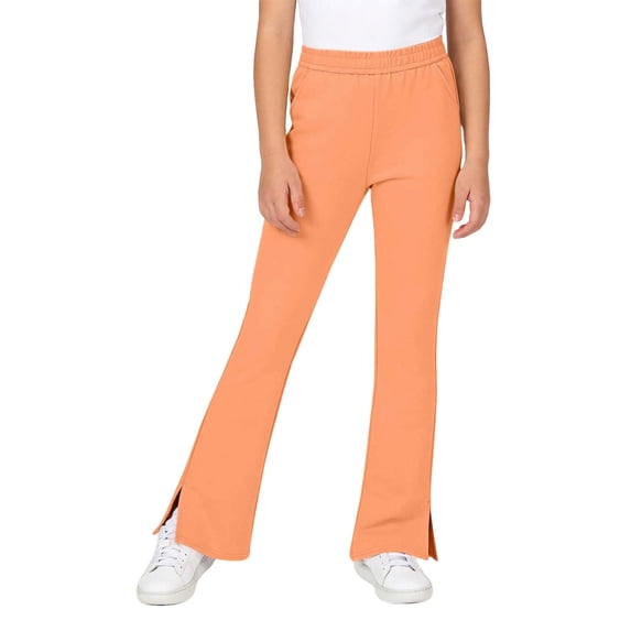 Lullu Girls Stretch Flared Pants Casual Pull On Side Slit Trousers, Orange, Sizes 4-16