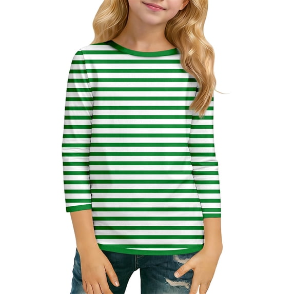 Lullu Girls Striped 3/4 Sleeve Crew Neck T-Shirt Kids Casual Pullover T Shirt, Sizes 3-14