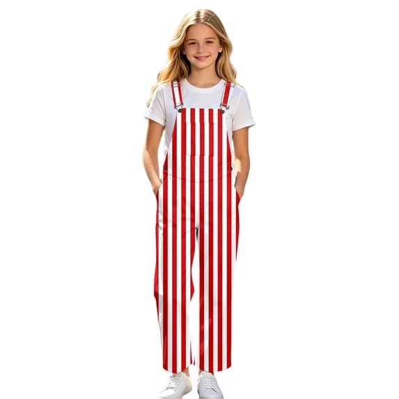 Lullu Girls Striped Overalls Adjustable Straps Jumpsuit with Pockets, Red, Sizes 5-14
