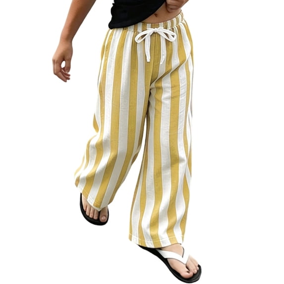 Lullu Girls Striped Wide Leg Linen Pants Summer Casual Drawstring Trousers, Yellow