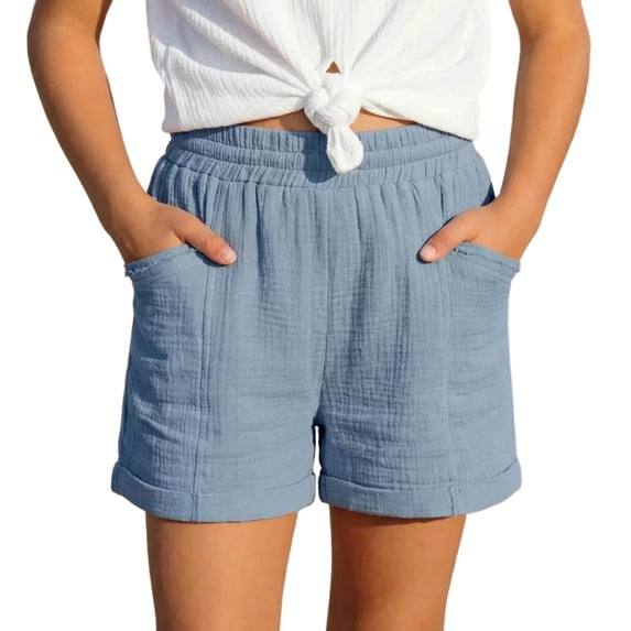 Lullu Girls Summer Linen Shorts Casual Pull On Breathable Shorts with Pockets, Sizes 4-17