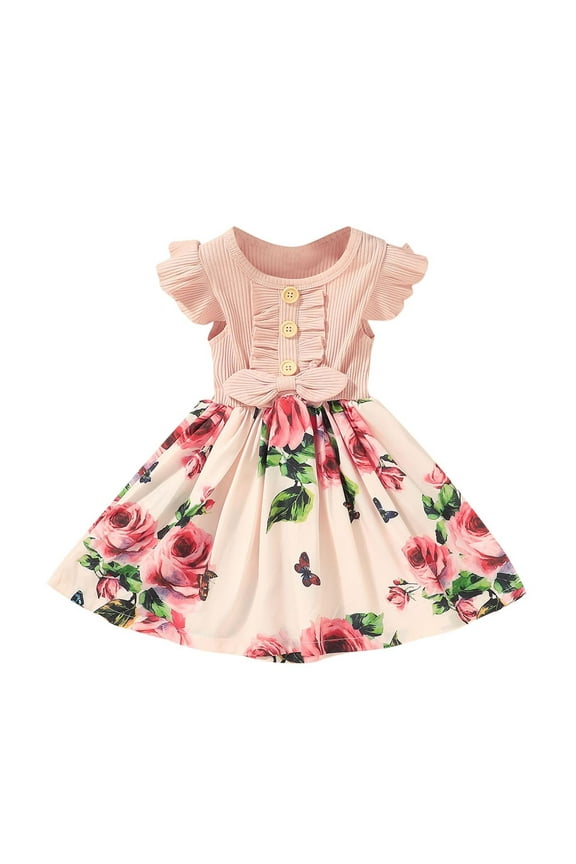 Girls Summer Ruffle Sleeve Dress Rose Print Ribbed Bow A-Line Dress, Sizes 12M-5T