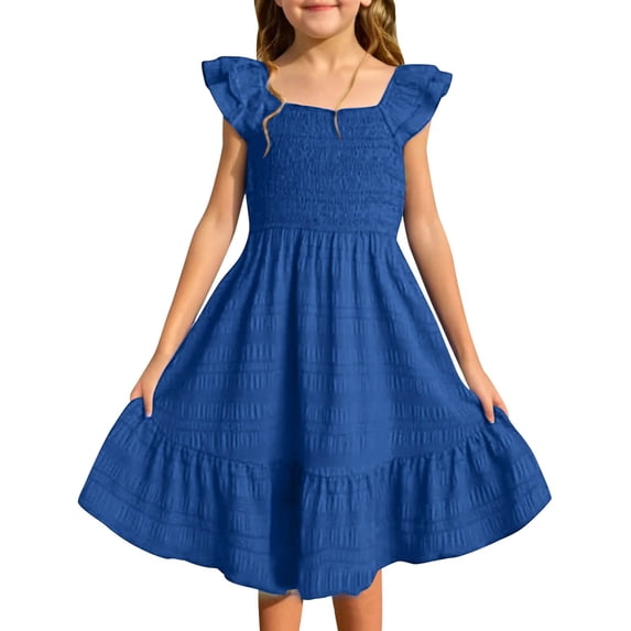 Lullu Girls Summer Ruffle Sleeves Smocked Dress Casual Square Neck Sundress, Sizes 3-14