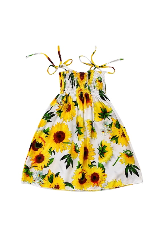 Girls Sunflower Print Smocked Sundress Summer Beach Tie-Shoulder Dress, Sizes 2-9
