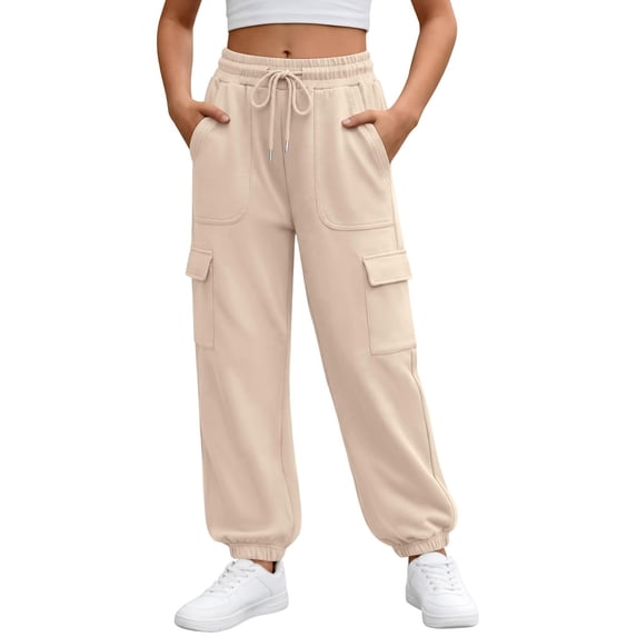 Lullu Girls Sweatpants Casual Athletic Joggers Cozy Cargo Pants, Beige, Sizes 5-14