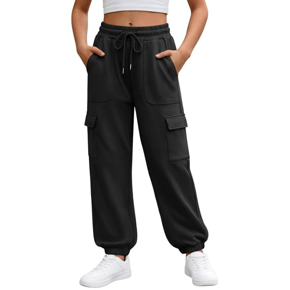 Lullu Girls Sweatpants Casual Athletic Joggers Cozy Cargo Pants, Black, Sizes 5-14