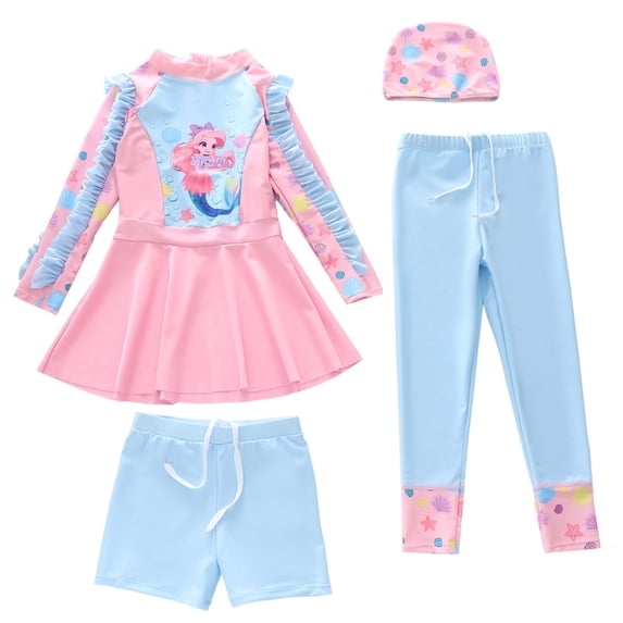 Lullu Girls Swimsuits Ruffle Long Sleeve Rash Guard Swim Shorts Pants Swim Cap 4Pcs Set, Sizes 2-12