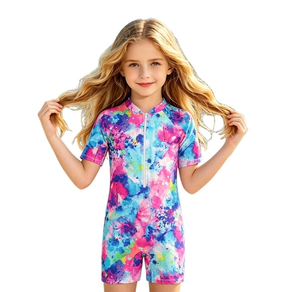 Lullu Girls Tie Dyed Half Zip Short Sleeve Rash Guard Bathing Suit One-Piece Swimsuit