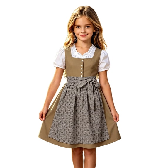 Lullu Girls Traditional Oktoberfest Bavarian Dirndl Dress with Apron, Khaki, Sizes 3-12
