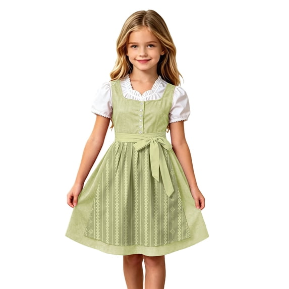 Lullu Girls Traditional Oktoberfest Dresses Bavarian Dirndl Dress Apron, Green, Sizes 3-12