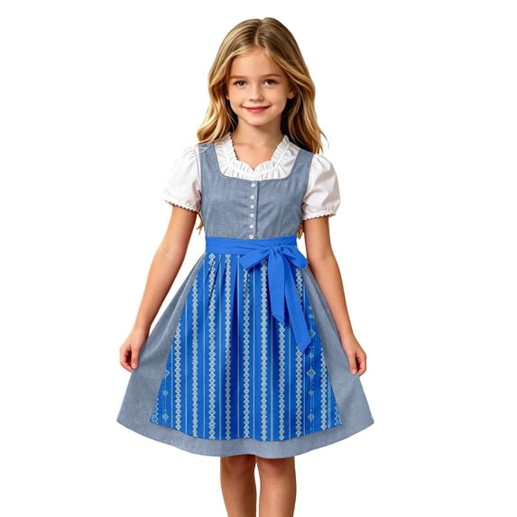 Lullu Girls Traditional Oktoberfest Dresses Bavarian Dirndl Dress Apron, Navy, Sizes 3-12
