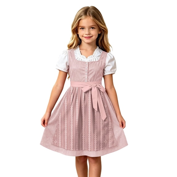Lullu Girls Traditional Oktoberfest Dresses Bavarian Dirndl Dress Apron, Pink, Sizes 3-12