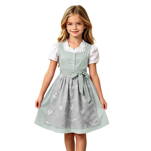 Lullu Girls Traditional Oktoberfest Midi Bavarian Dirndl Dress Apron, Grey, Sizes 3-12