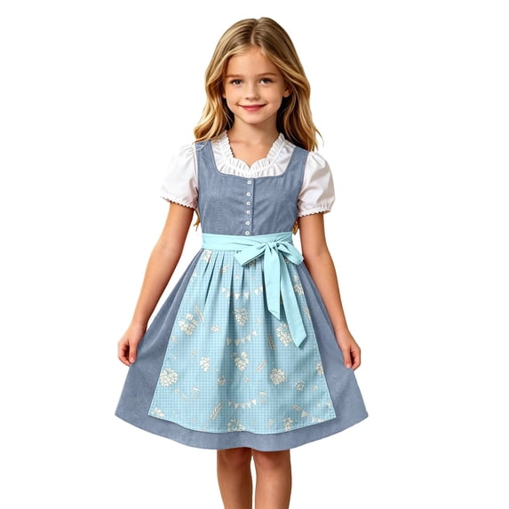Lullu Girls Traditional Oktoberfest Midi Bavarian Dirndl Dress Apron, Navy, Sizes 3-12