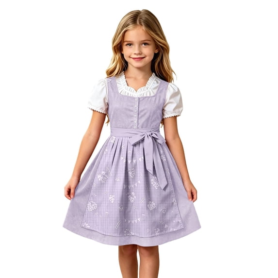 Lullu Girls Traditional Oktoberfest Midi Bavarian Dirndl Dress Apron, Purple, Sizes 3-12