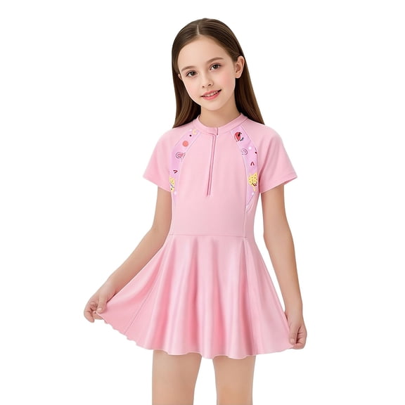 Lullu Girls UPF 50+ Half Zip Short Sleeve Rash Guard Swimsuit Swim Dress Bathing Suit