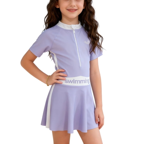 Lullu Girls UPF 50+ Zip up Short Sleeve Rash Guard Swimsuit Swim Dress Bathing Suit