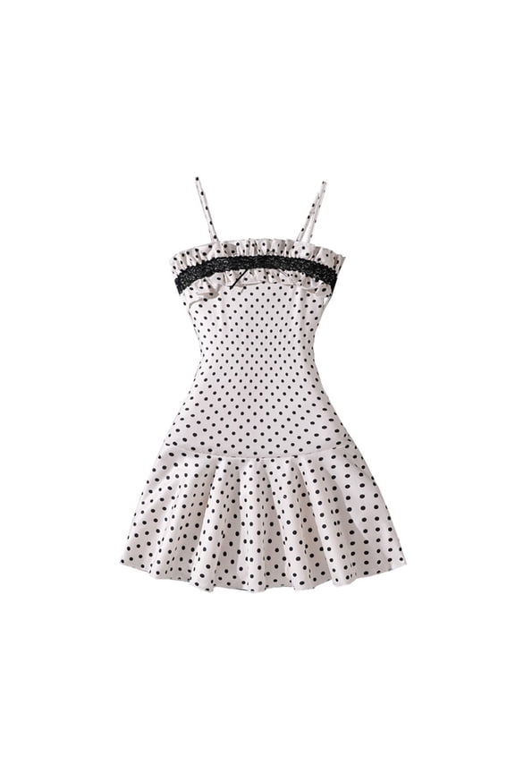 Girls Vintage Polka Dots Spaghetti Strap Dress Ruffle A Line Slip Dress, Sizes 7-12