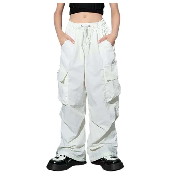 Lullu Girls' Wide Leg Cargo Pants Casual Athletic High Rise Drawstring Dance Pants