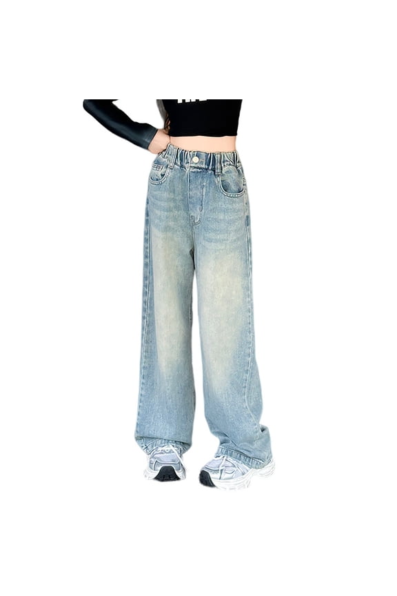 Girls Wide Leg Denim Jeans High Rise Straight Pants with Elastic Waist, Sizes 4-12
