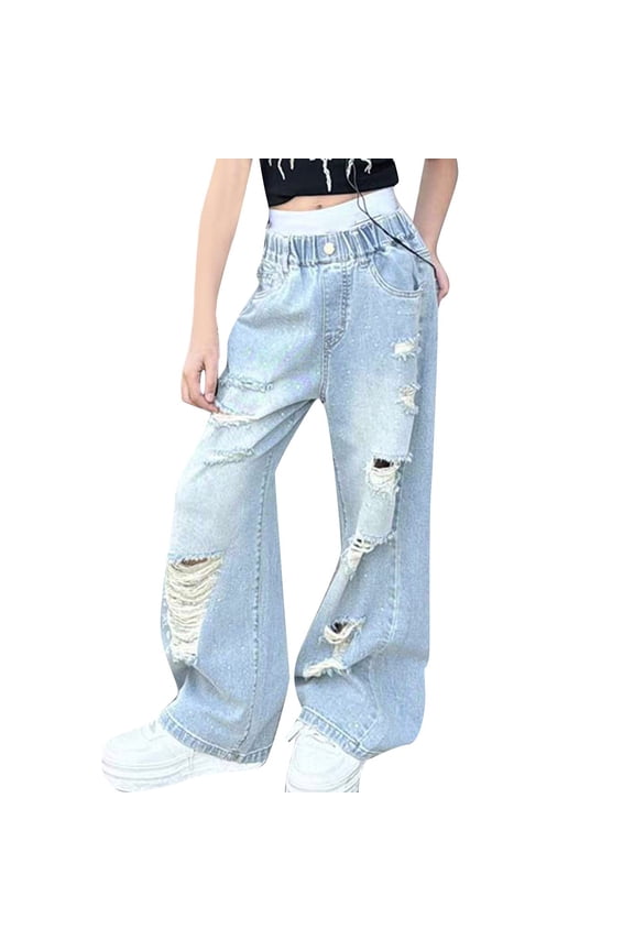 Girls Wide Leg Ripped Jeans Pull On Straight Distressed Denim Pants, Sizes 4-14