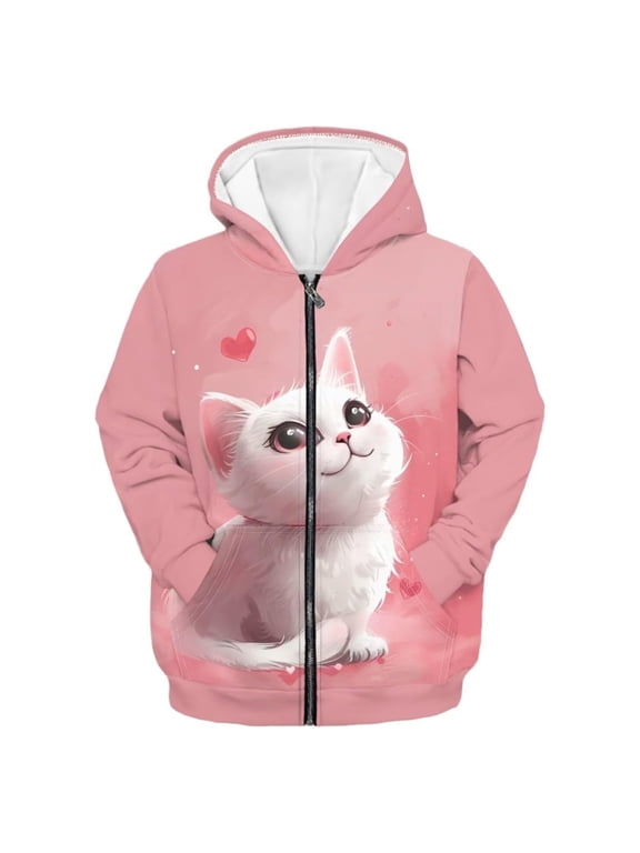 Girls Zip Up Hoodie Casual Cartoon Cat Print Hooded Sweatshirt Jacket,Sizes 5-14