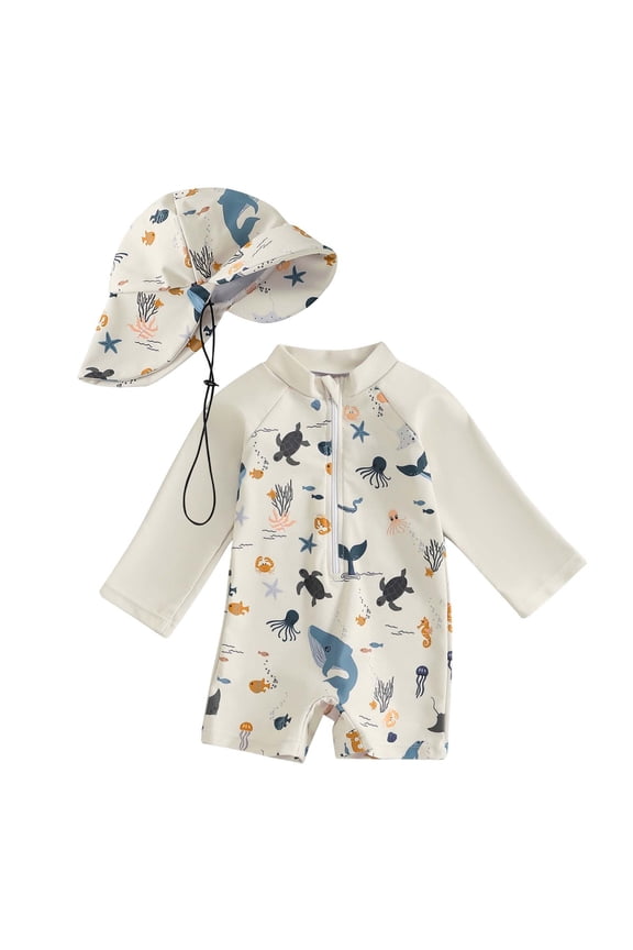 Boys Half Zip Long Sleeve Rash Guard One-Piece Swimsuit Sun Hat Bathing Suit
