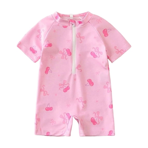 Lullu Girls Cherry Print Short Sleeve Rash Guard One-Piece Swimsuit with UPF 50+