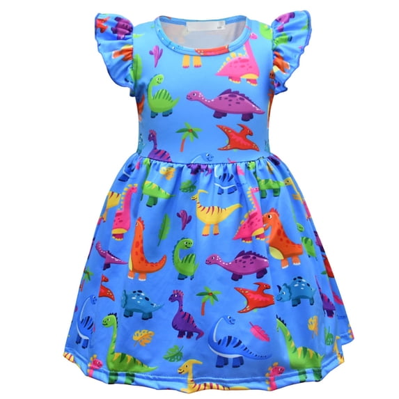 Lullu Infant Girls Dinosaur Print Flutter Sleeve Dress Summer Casual Midi A Line Dress
