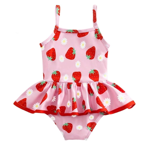 Lullu Girls Strawberry Print Ruffle One-Piece Swimsuit Cute UPF 50+ Bathing Suit