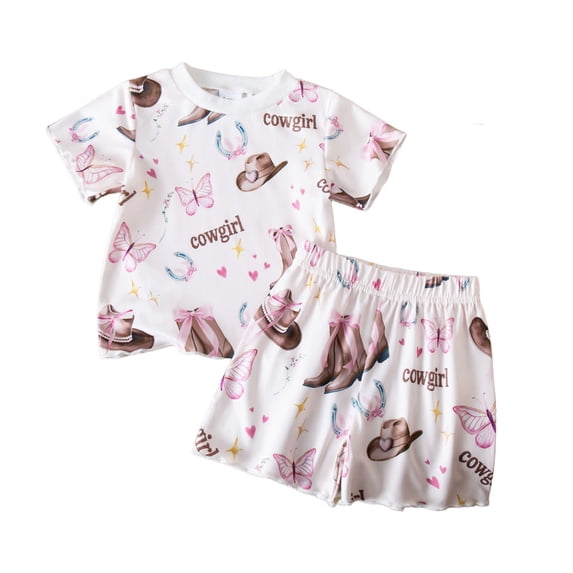Lullu Infant Girls Summer Outfits Cowgirl Western Style Short Sleeve T-Shirt Shorts Set