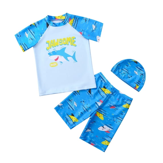 Lullu Little Boys Short Sleeve Rash Guard Shorts Swimming Cap 3Pcs Swimsuit Bathing Suit