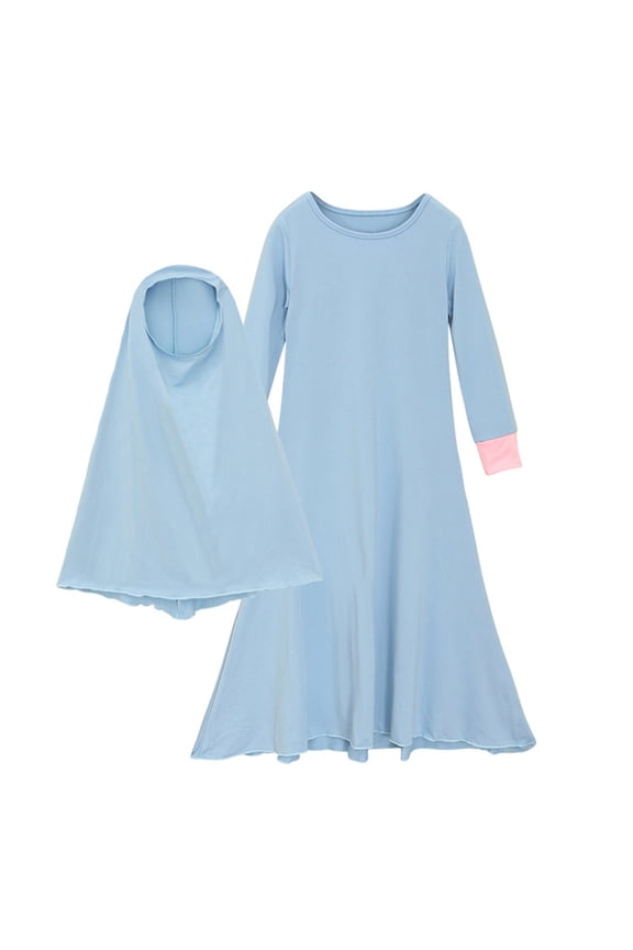 Little Girls Abaya with Hijab Solid Color Full Length Robe Burka Maxi Dress Set