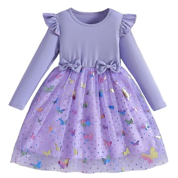 Lullu Little Girls Butterfly Long Sleeve Tutu Dress Bow Ruffle Mesh Midi Dress, Purple