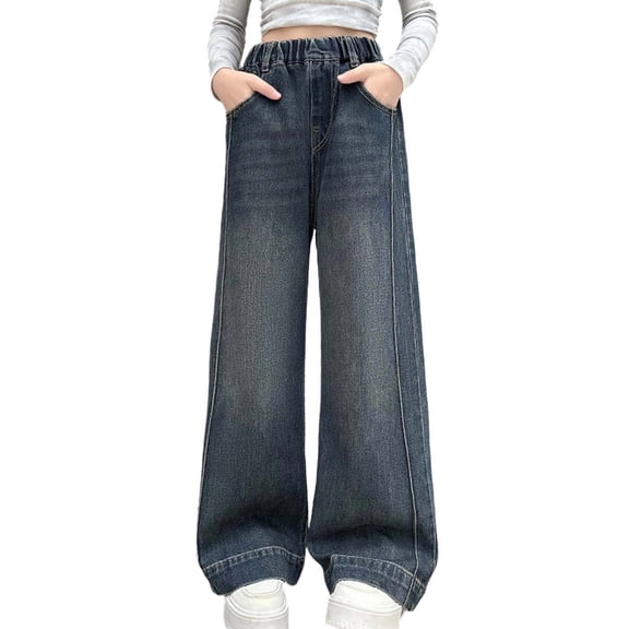 Lullu Little Girls Casual Denim Pants Pull On Straight Leg Loose Fit Jeans, Sizes 6-7
