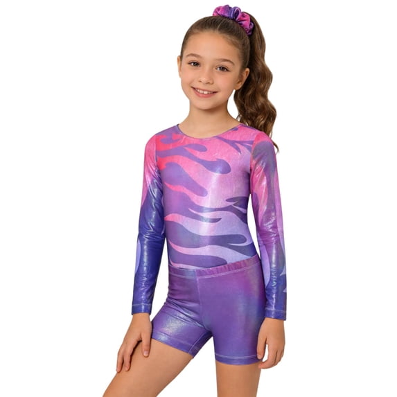 Lullu Little Girls Gymnastics Dance Outfits Long Sleeve Performance Leotard Shorts Scrunchie Set