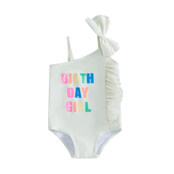 Lullu Little Girls Letter Print Bow Ruffles One-Piece Swimsuit One Shoulder Bathing Suit