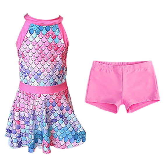 Lullu Little Girls Scale Print UPF50+ One-Piece Swimsuit Swim Dress with Bulit In Shorts