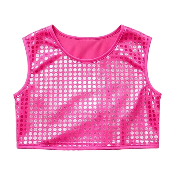 Lullu Little Girls Sequins Crop Top Shiny Stage Performance Dance Round Neck Tank Tops
