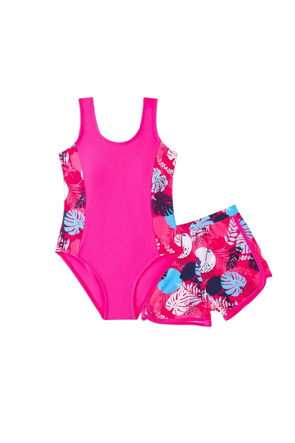 Little Girls Stretch One-Piece Swimsuit with Shorts Bathing Suit Swimwear, 2-Piece