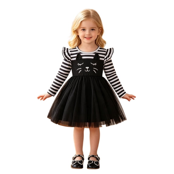 Lullu Newborn Girls Cartoon Cat Striped Tutu Dress Halloween Ruffle Long Sleeve Tulle Dress, Black
