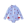 thumbnail image 1 of Lullu Newborn Girls Plaid Cherry Print Long Sleeve Rash Guard One-Piece Swimsuit Ruffle UPF 50+ Bathing Suit, 1 of 7